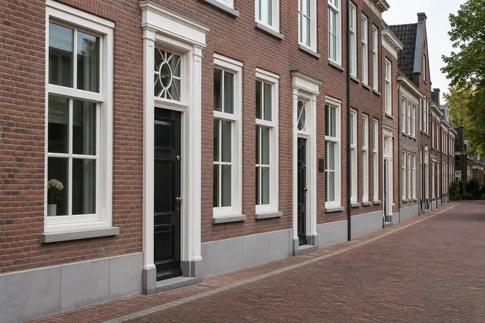 AI-beeld: oude bakstenen gevels met vers voegwerk, een nieuwe grijze stenen plint onderaan en nieuwe bestrating langs de huizen